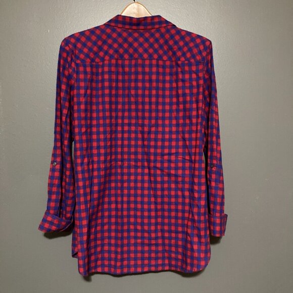 Talbots Women L Button Up Red Blue Plaid Check Fall Lumberjack Long Top Cotton - Picture 6 of 9